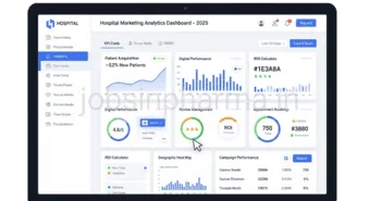 Digital hospital marketing strategy dashboard showing patient acquisition metrics and ROI data